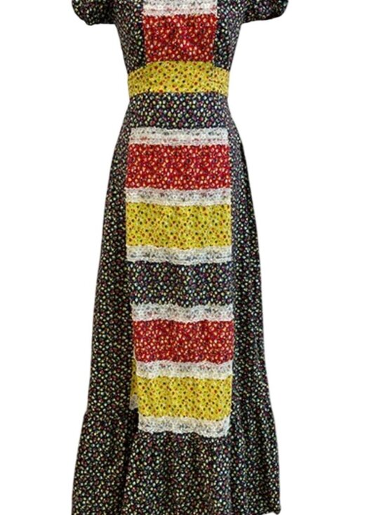Made In USA Dresses & Skirts - Vintage 70's Floral Patchwork Prairie Maxi Dress Lace Trim Multi-Color S Cotton